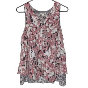 Lucky Brand Womens Floral Paisley Layered Split Front Tank Top Coral Cream Small